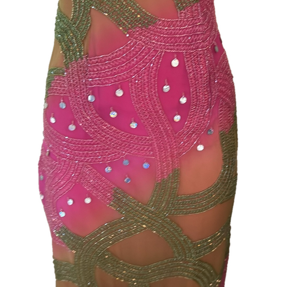 Neon Pink/Green Prom Dress Long Beaded Dress - Picture 3 of 15